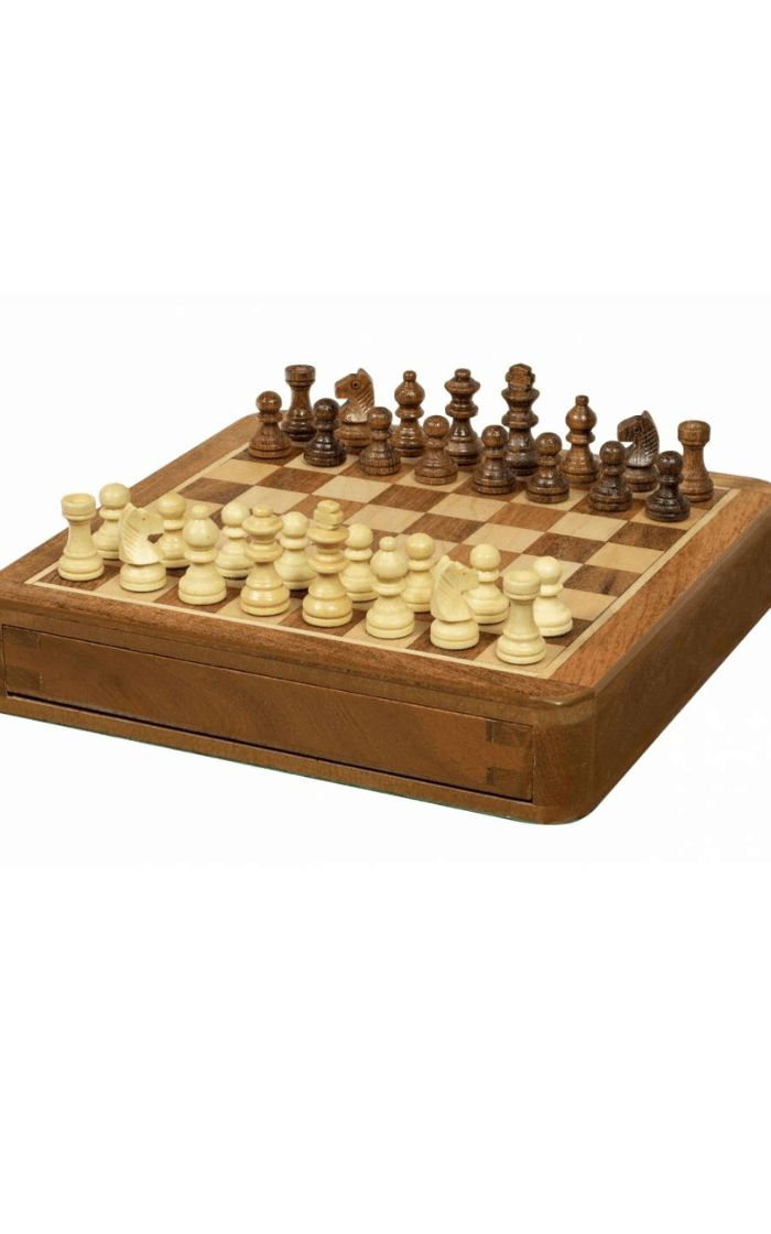 Szachy MAGNETYCZNE 18 cm z intarsjowaną szachownicą i szufladką na figury