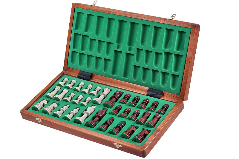 Drewniana, intarsjowana kasetka szachowa z wkładką do przechowywania figur (48 x 48 cm), pole 50 mm