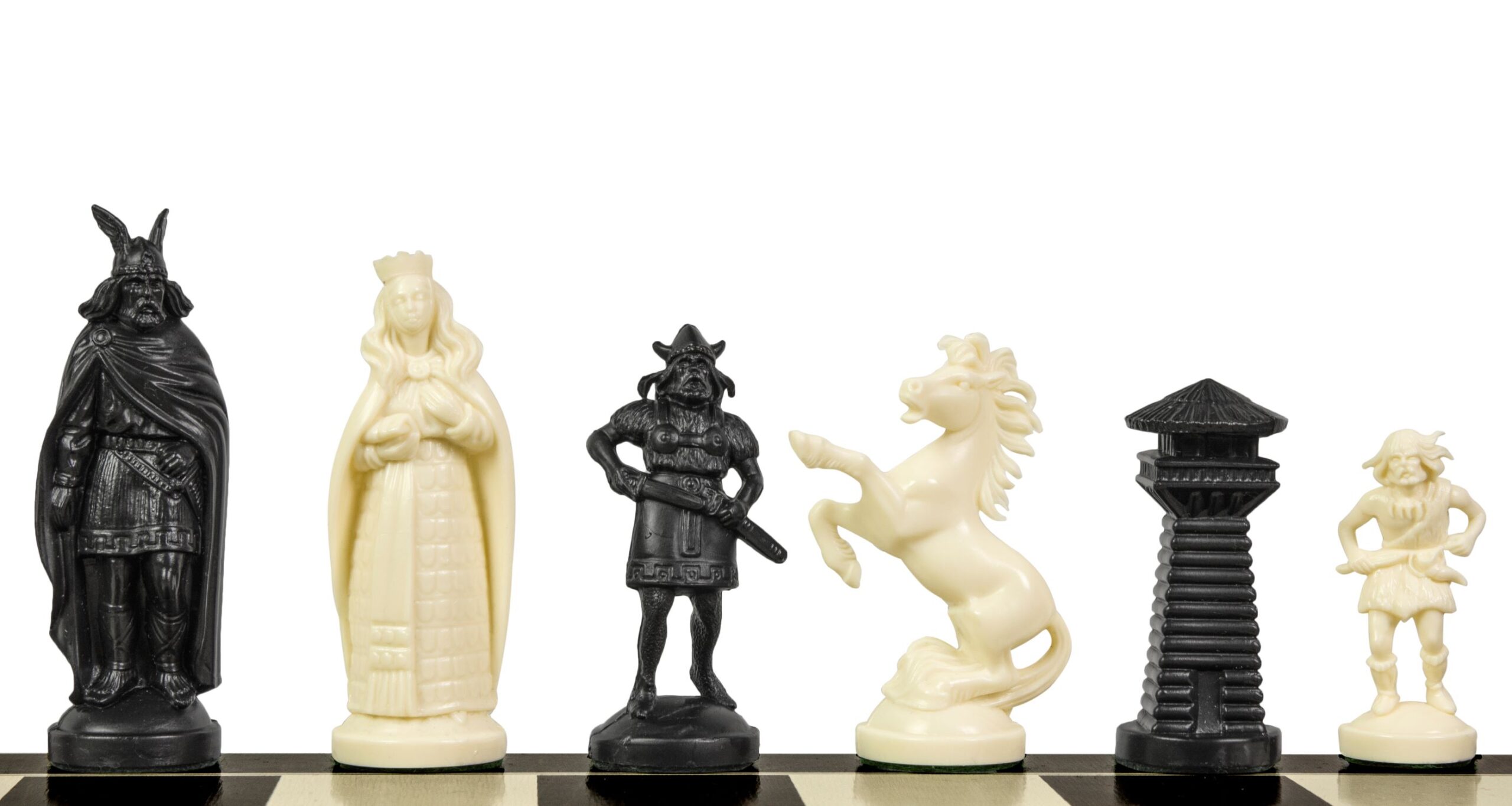 Figury szachowe stylizowane na Wikingów, kremowo-czarne (król 98 mm)