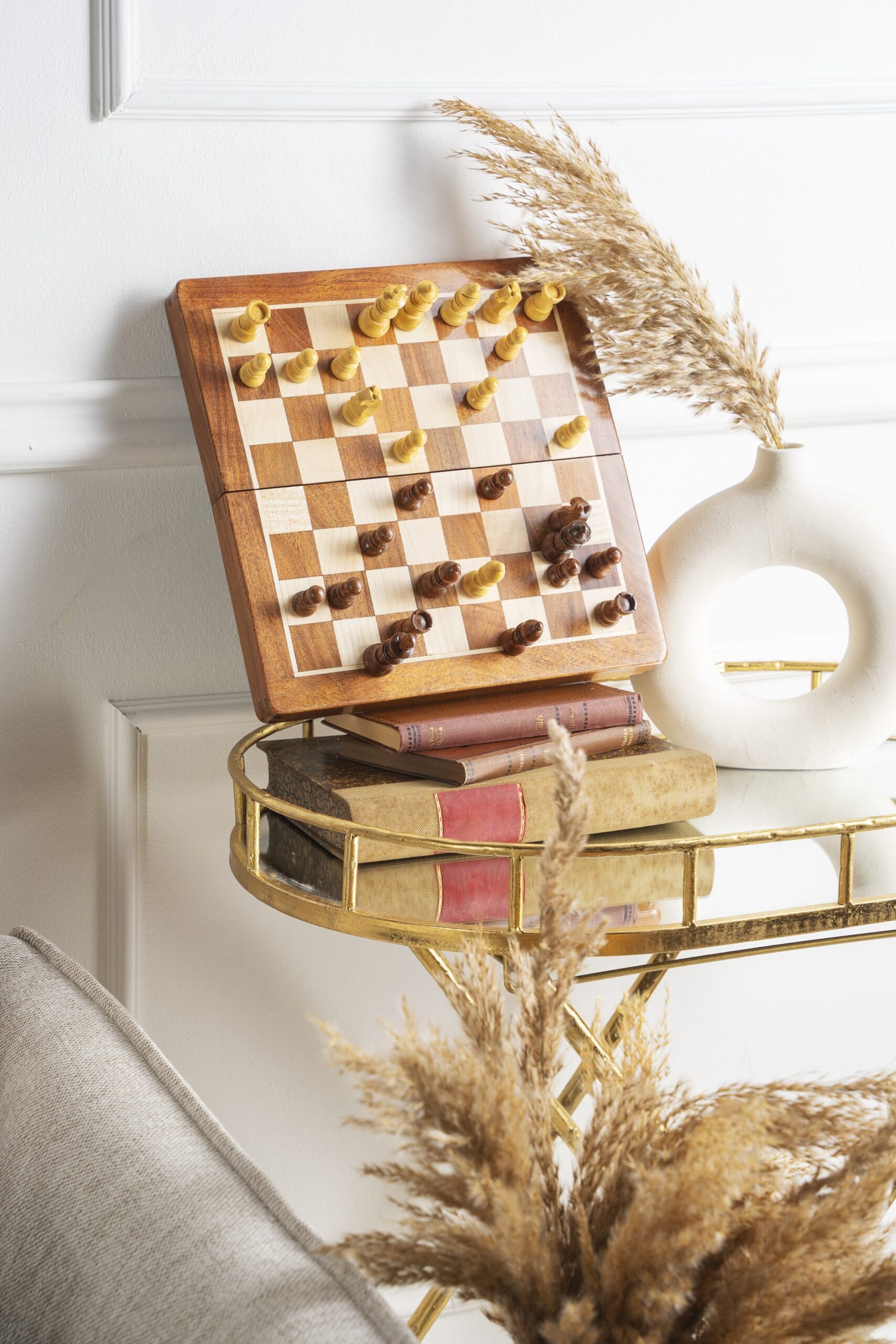 Szachy MAGNETYCZNE mini z intarsjowaną szachownicą 18 cm